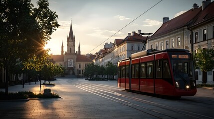 Red Streetcar Parked on Quiet Street at Sunset with Historic Church in the Background