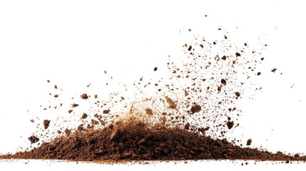 Dirt flying, soil pile scattered isolated on white background