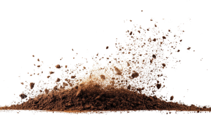 Dirt flying, soil pile scattered isolated on white background