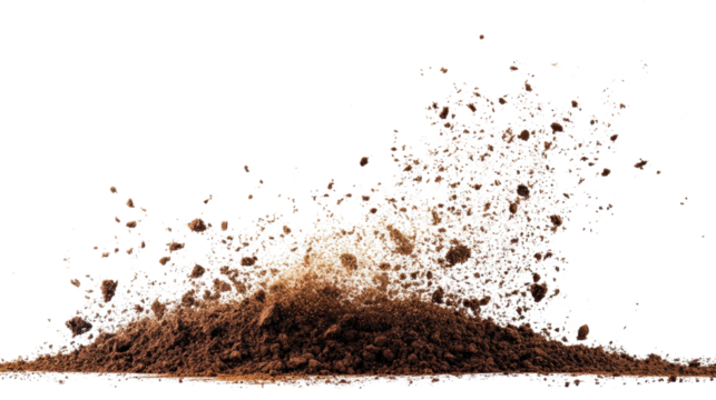 Dirt flying, soil pile scattered isolated on white background