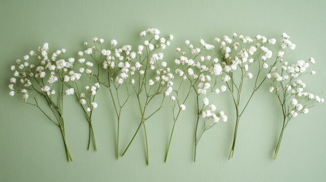 Delicate white gypsophila flowers on a soft pastel green background, perfect for women's day, mother's day, valentine's day, or wedding themes, featuring a minimalist flat lay design with ample copy s