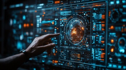 Obraz premium Hand interacting with futuristic digital interface showing global network data.