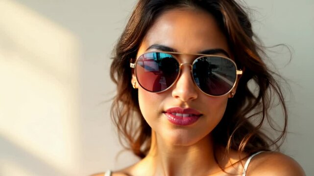 Stylish woman with sunglasses enjoying sunlight with playful expressions and fashionable vibes