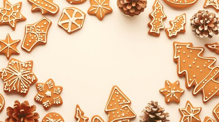 White background featuring gingerbread cookies and pinecones for a festive look