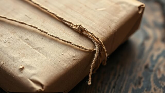 Close-up of a classic vintage package wrapped in string, showcasing intricate details and textures, aged, macro, texture