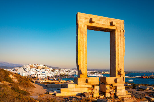 Apollo's temple or Portara at sunset, Naxos island, Greece