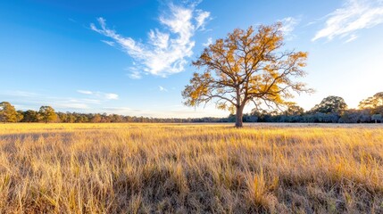 Fototapeta premium Lone tree in autumn field, sunset sky, peaceful landscape, nature background, ideal for calendars