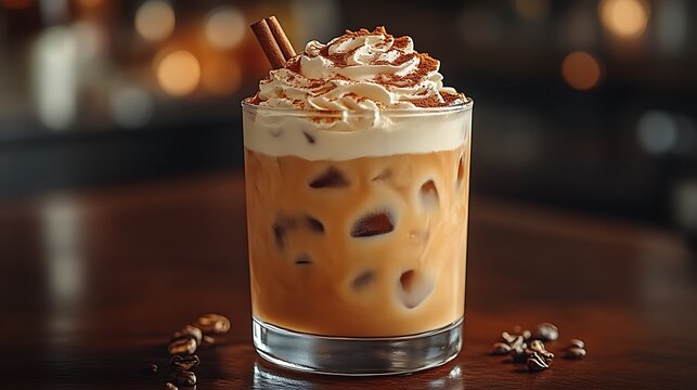 Iced coffee with whipped cream and cinnamon. - Powered by Adobe