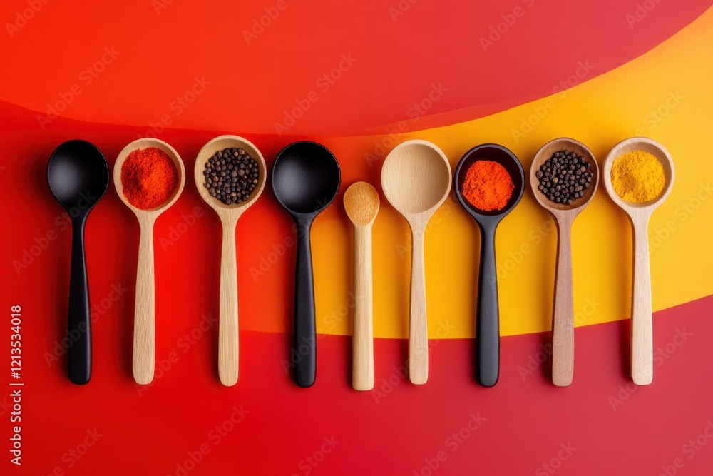 Poster stunning bird's eye view of neatly arranged spoons filled with colorful spices creating a gradient f