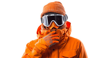 Image of a person wearing an orange snowsuit and goggles perfect for winter sports and outdoor adventure themes Ideal for blogs websites and social media