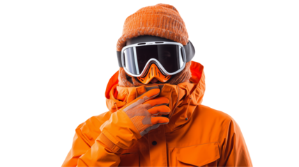 Image of a person wearing an orange snowsuit and goggles perfect for winter sports and outdoor adventure themes Ideal for blogs websites and social media