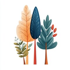 Whimsical Autumnal Tree Illustration with Teal, Beige, and Dark Blue Foliage