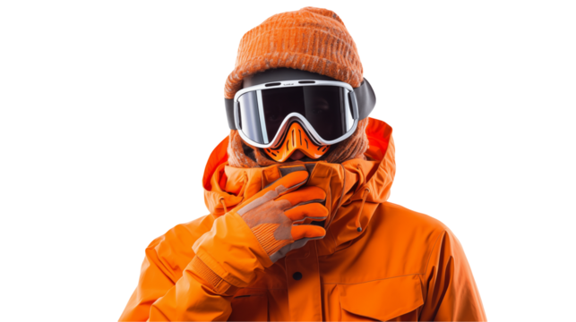 Image of a person wearing an orange snowsuit and goggles perfect for winter sports and outdoor adventure themes Ideal for blogs websites and social media