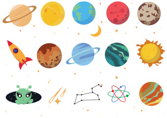 Outer Space Planets, Rocket, and Astronomical Icons Set A vibrant collection of outer space-themed illustrations, including planets, the sun, a rocket, an alien, constellations, and shooting stars. 