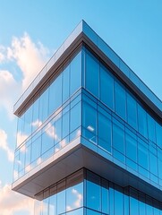 Modern glass building corner reflecting sky.