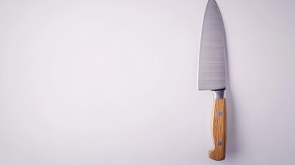 A sharp stainless steel kitchen knife with a wooden handle, isolated on a white background, ideal for culinary presentations.