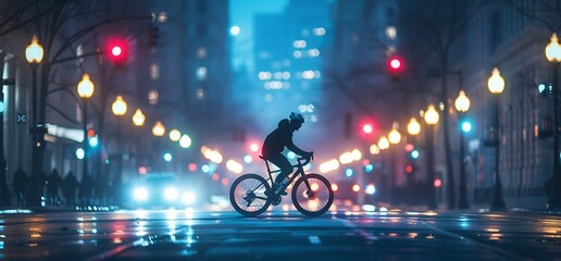 Cyclist at night city street, blurred lights, wet road, urban transport