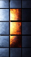 Fiery orange light bursts through cool grey metallic cubes abstract background. AI Generated