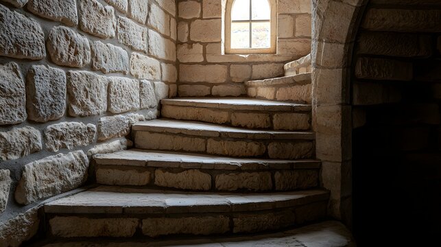 Spiral Stone Staircase Within a Castle Surrounded by Warm Natural Light and Historical Charm