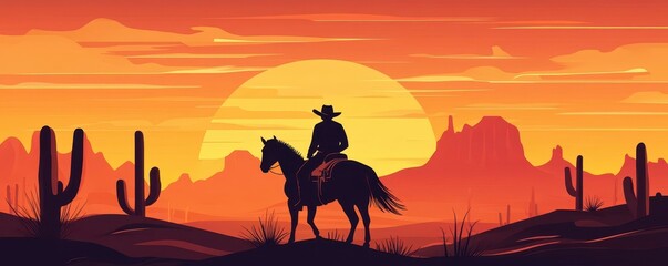 A man in a cowboy hat, back turned, riding a horse through a desert landscape at dusk, Western adventure mood