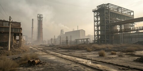 Fototapeta premium An industrial site covered in a thick layer of soot and dust from years of operation with smog-filled air, industrial legacy, industrial site