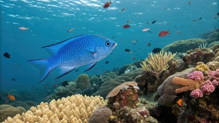 Fototapeta premium An iridescent blue damselfish swims gracefully amidst the vibrant coral formations of a shallow reef, fish swimming, colorful fish, sea creatures