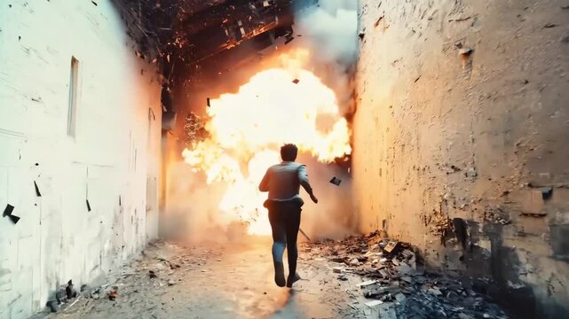 A dynamic and intense scene of a man running away from a massive explosion, with debris and smoke filling the air. The dramatic lighting and action-packed composition convey urgency, danger