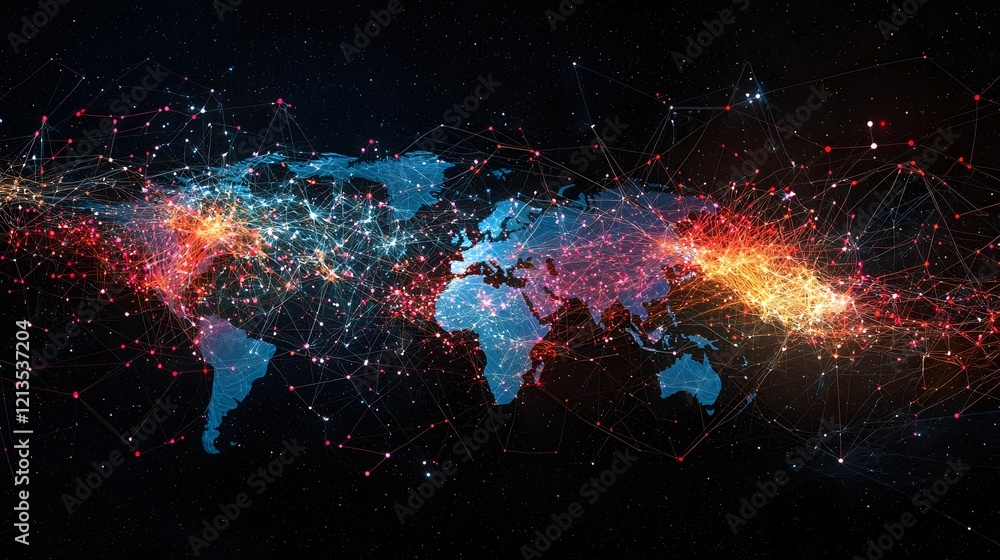 Poster visualizing the interconnected global market landscape through a data driven network of nodes and li