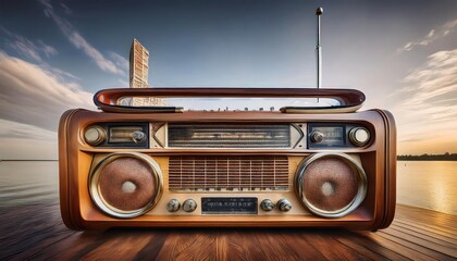 Fototapeta premium Blend of Vintage and Modern Radios Surrounded by Interconnected Lines, Symbolizing Global Communication Network