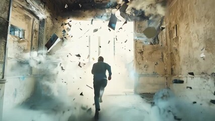 A dynamic and intense scene of a man running away from a massive explosion, with debris and smoke filling the air. The dramatic lighting and action-packed composition convey urgency, danger
