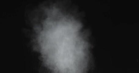 4K VFX practical element slow-motion close-up of dust explosion from bullet hitting the black wall. A dense powder explosion occurs against a black background action element. Gunshot impact on black - Powered by Adobe