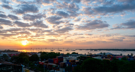 Banner Blue golden sky sunrise dramatic beautiful mountain. Blue sky white cloud cloudscape. Banner Dramatic sunset mountain landscape. Panorama Amazing Beautiful landscape hills with copy space