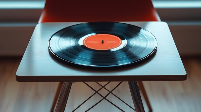 Elegant vinyl record placed on modern table with minimalist visual appeal