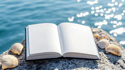 Open Notebook Surrounded by Seashells on a Rock by the Water with Sparkling Blue Sea Background