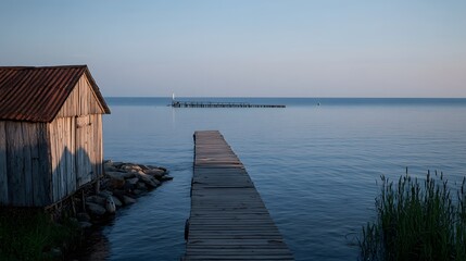 Serene Baltic Seaside Landscape with Weathered Pier and Calm Waters Under Clear Sky