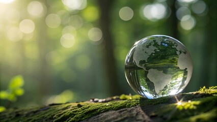 Create a photorealistic image of crystal globe resting On nature green background