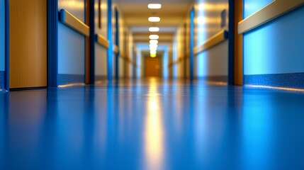 Fototapeta premium Abstract blue-toned blurry image of a hospital hallway with subtle lighting perfect for banners healthcare ads and professional presentation designs