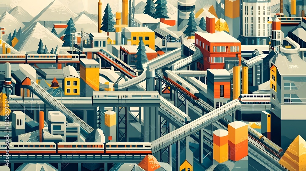 Poster interconnected futuristic cityscape featuring a vibrant and abstract graphic design composition show