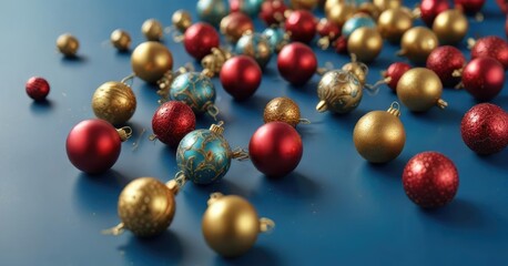 Blue background with scattered red and gold Christmas ornaments on a table, colored ornaments, colorful holiday decor
