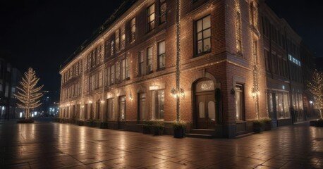 Blurred Christmas light display on a building, soft focus facade, hazy illumination, twinkle lights