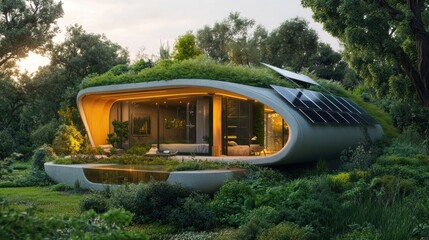 Eco-friendly home, sunset, forest, solar panels, sustainable living