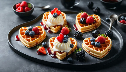 Heart-shaped Waffle with chocolate sauce, syrup, nuts and fruits, close-up photo