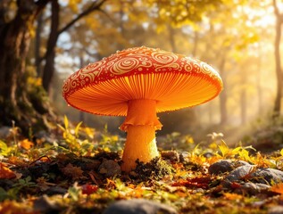 Bright orange toadstool with dew drops in dappled forest light, whimsical, woodland, enchanted, magical