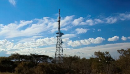 Radio Tower with Clear Blue Sky and Soft Clouds in the Distance