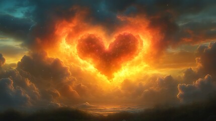 Fiery heart-shaped cloud formation in a dramatic sunset sky.