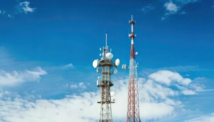 Fototapeta premium Radio Tower with Clear Blue Sky and Soft Clouds in the Distance