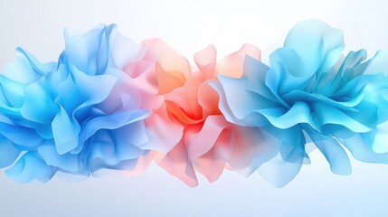 Fototapeta premium Translucent blue and pink fabric folds create a soft floral wave against a white background.