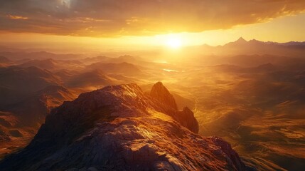 Golden Hour Mountain Majesty: A breathtaking sunset view from a mountain peak, overlooking a vast expanse of golden hills and valleys.