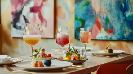 Fototapeta premium Elegant Table Setting for Gallery Opening Event with Colorful Drinks