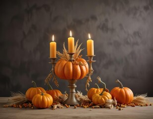 Candelabra with orange pumpkins and dry corn husks, fall centerpieces, warm lighting, autumn tablescape